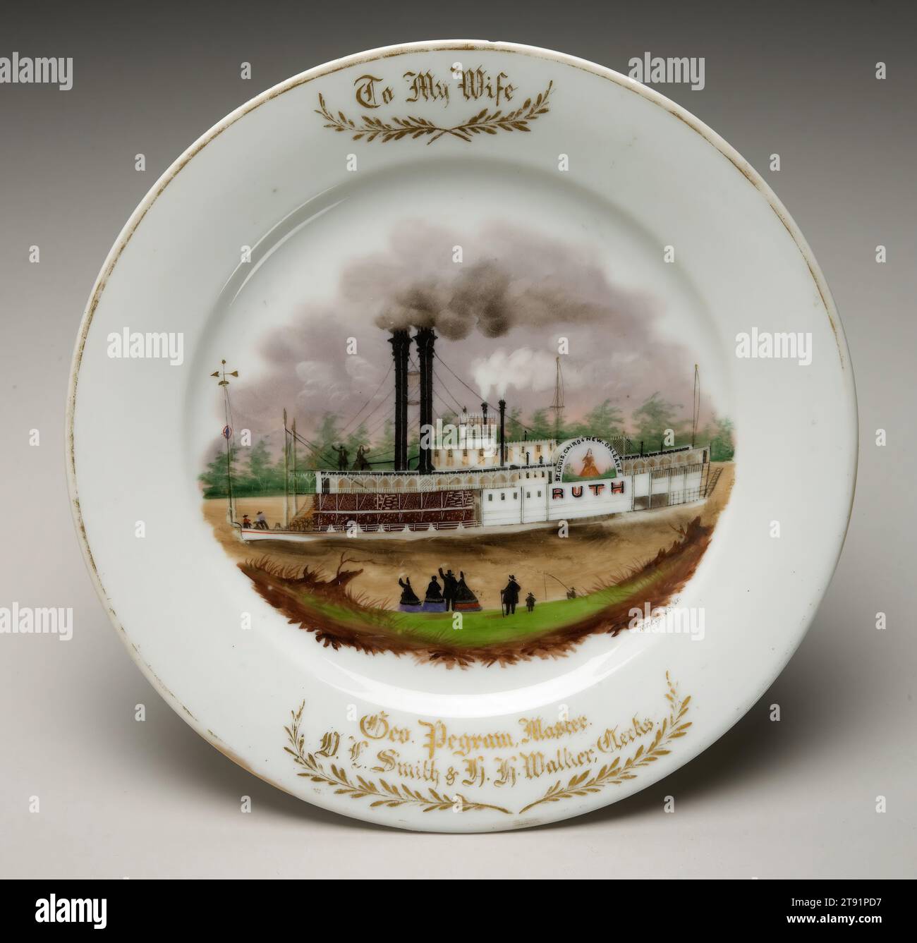 Plate, 1865, Rudolph T. Lux, American (Germany), American (born Germany), c. 1815-1868, 1 1/4 x 9 1/2 x 9 1/2 in. (3.18 x 24.13 x 24.13 cm), Porcelain, United States, 19th century, Since its heyday in the nineteenth century, the steamboat has symbolized the Mississippi River's role as a conduit for commerce, design, and pleasure Stock Photo