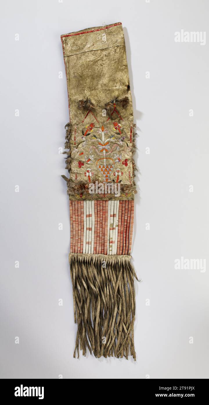Pipe Bag, late 19th century, 19 5/8 x 7 x 1 in. (49.85 x 17.78 x 2.54 cm) (without fringe), Animal hide, quills, feathers, metal beads, United States, 19th century, Pipe bags are often called 'Containers for the Heart,' because they contain the sacred pipe and tobacco used in ceremonies that capture the very heart, or essence, of the Lakȟóta people and their cosmology. Highly ornate pipe bags, like those shown here, would have been used during public ceremonies. The size of the bags evolved over time. Before Lakȟóta people were forcibly relocated to reservations Stock Photo