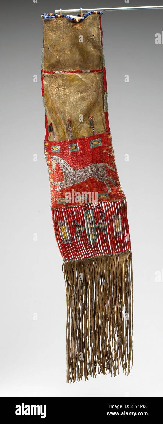 Pipe Bag, late 19th century, 18 1/2 x 7 5/8 x 2 1/4 in. (46.99 x 19.37 x 5.72 cm) (without fringe), Animal hide, quills, glass beads, metal beads, United States, 19th century, Among the Lakota, quillwork was a sacred art form because of its connections with Double Woman, a complex figure in oral tradition. Since this technique was wakan (holy), membership in quillwork societies was restricted to highly respected women and to those who had visionary experiences related to the supernatural being. This bag skillfully presents a central theme in Plains art, horses. Stock Photo
