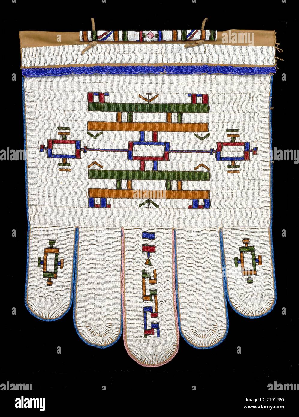 Beaded Apron (Jocolo), 20th century, 27 x 20 1/4 in. (68.58 x 51.44 cm), Leather backed by cloth, glass beads, 2 leather thongs, South Africa, 20th century, Throughout their lives, Southern African Ndebele women wear various aprons that mark stages of social advancement. Pre-adolescent girls wear an apron of one solid piece, called a 'ghabi'; when they reach adolescence, they start wearing a 'pepitu', recognizable by its simple embellishment and lack of flaps. After marriage, a woman wears more elaborately adorned aprons: the 'mapoto', for everyday use, has two square flaps Stock Photo