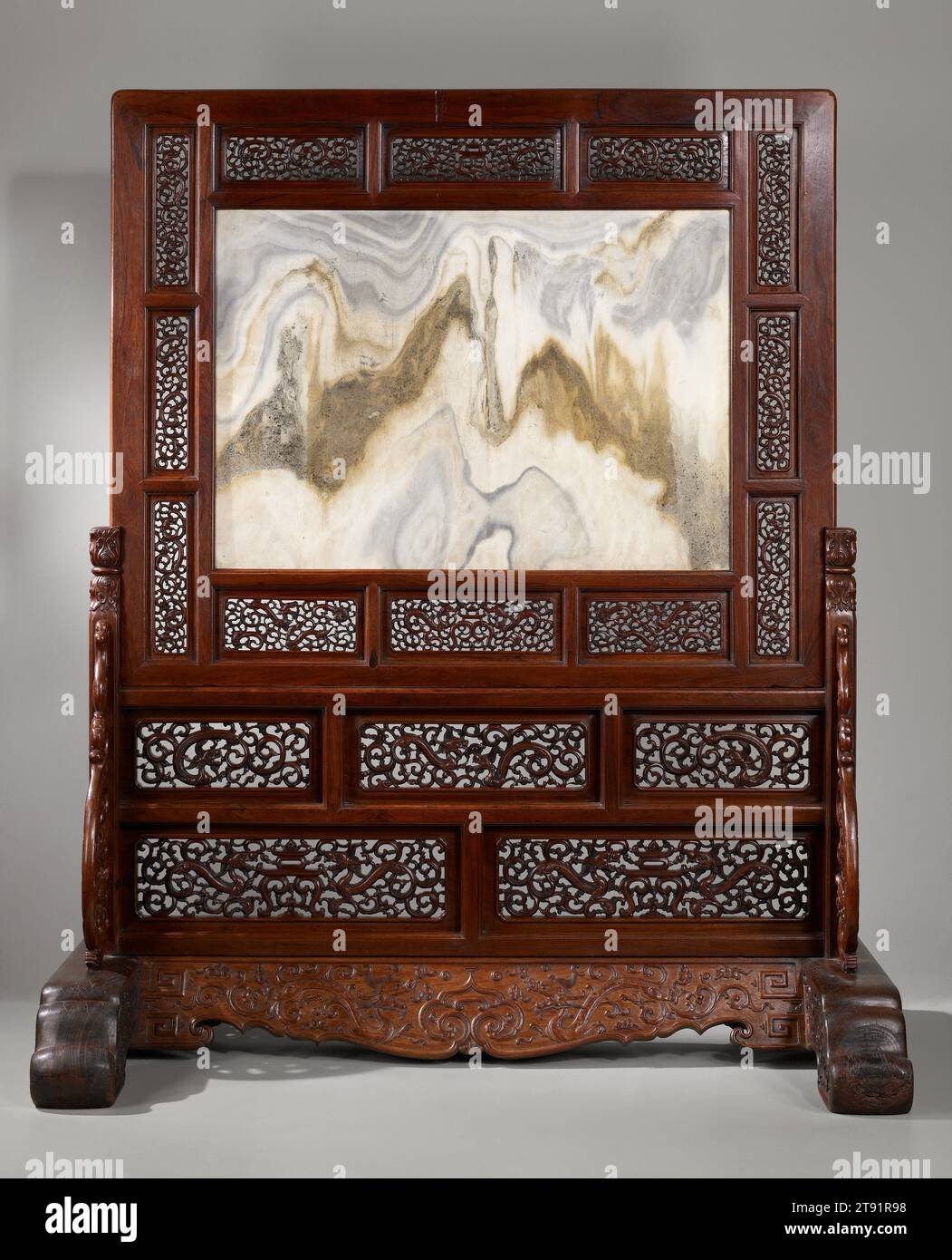Screen, 17th century, Unknown, 84 3/4 x 70 1/2 x 41 1/2 in. (215.27 x 179.07 x 105.41 cm), Huang-hua-li, tie-li-mu, and ta-li marble, China, 17th century, Large screens are probably the rarest category of surviving Ming style furniture. Solid panel screens were placed inside the main entrance to buildings where they provided privacy and protection from draughts while dispelling negative cosmic energy (ch'i) seeking to harm the occupants within. They were also used as honorific backdrops for the chairs or thrones of important individuals Stock Photo