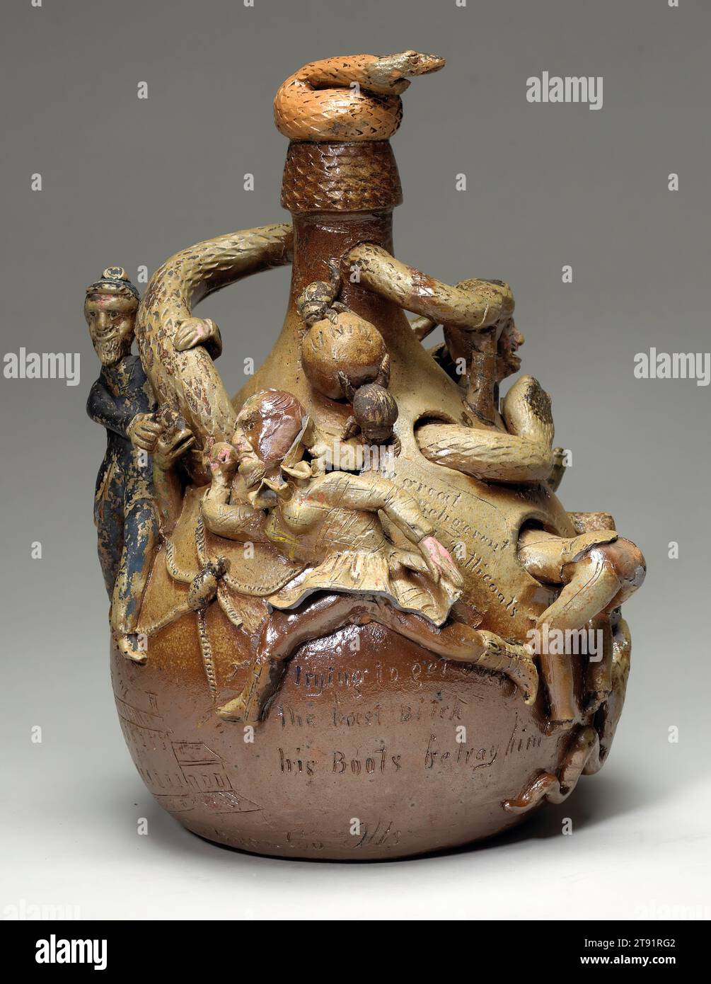 Snake jug, c. 1865, Anna Pottery, Anna, Illinois, 1859–1894, 12 1/2 x 8 5/16 x 8 11/16 in. (31.75 x 21.11 x 22.07 cm), Stoneware with painted decoration, 19th century, Cornwall and Wallace Kirkpatrick, brothers who owned the Anna Pottery in Anna, Illinois, made a name for themselves with their bizarre wares, especially jugs with realistic writhing snakes. Here, a scene from the Civil War (1861–65) shows Union soldiers attempting to catch Jefferson Davis, president of the Confederacy, who flees them disguised as a woman. The dark spots on the snakes’ heads identify them as copperheads Stock Photo