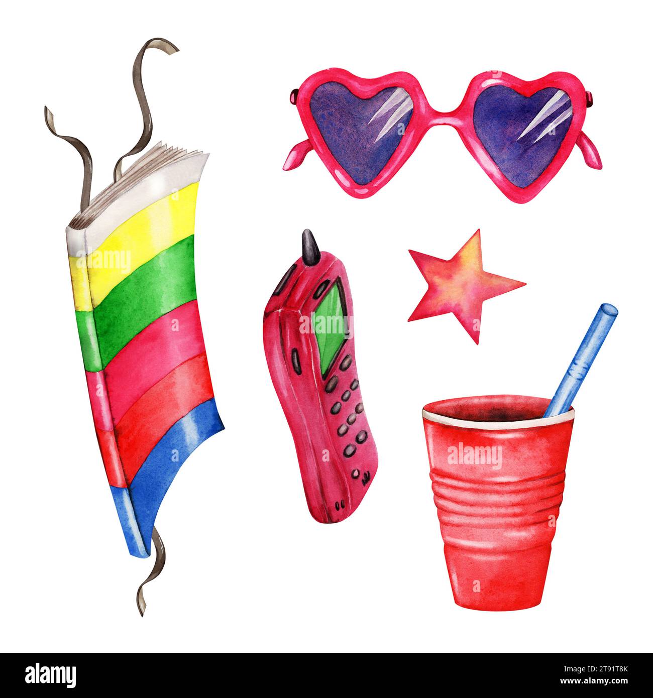 Colorful magazine, pink mobile phone, red plastic cup with blue straw, heart shaped sunglasses and star set. Watercolor illustration isolated on white Stock Photo