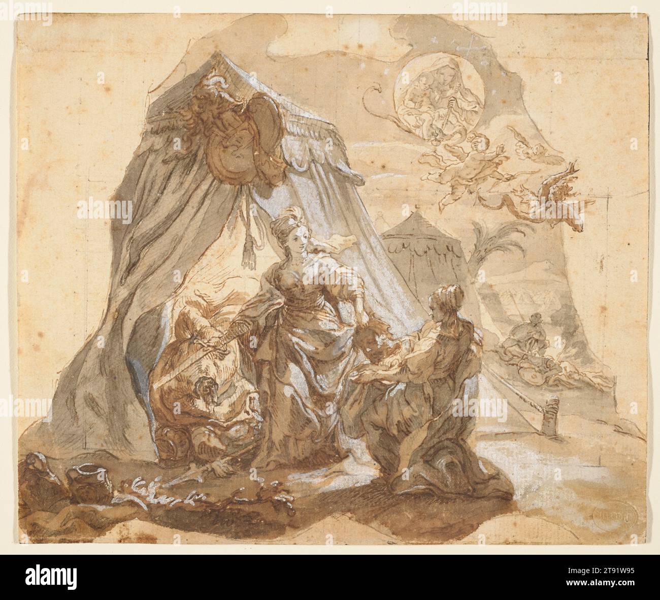 Judith with the Head of Holofernes, and a Vision of the Virgin and Child Casting Out Evil, c. 1749, Gottfried Bernhard Göz; Artist: Formerly attributed to Unknown Italian, 5 3/4 x 6 13/16 in. (14.61 x 17.3 cm) (sheet), Pen, brown ink and wash, heightened with white gouache, Germany, 18th century, This wash drawing is a preparatory study for one of Gottfried Bernhard Göz's painted church ceilings, which were fixtures of 18th-century Bavaria. (The wash technique is oddly appropriate: Holofernes had subjugated Judith's people by cutting off their water supply, and it will be restored with his Stock Photo