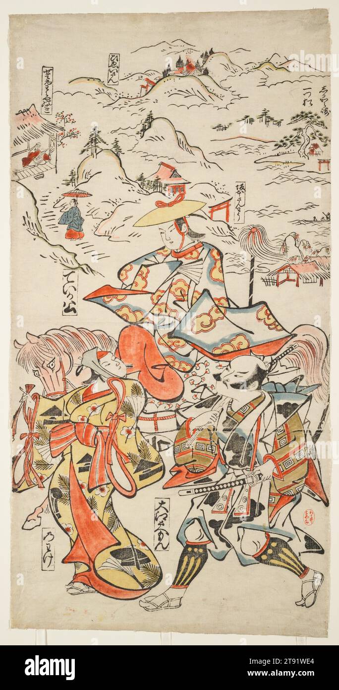 Fujiwara no Teika on Horseback Accompanied by Ōe Saemon and The Woman Nowake, c. 1710, Attributed to Torii Kiyomasu, Japanese, act. c. 1704-1718, 23 1/4 × 11 3/4 in. (59 × 29.9 cm) (image, sheet, vertical ō-ōban), Woodblock print (tan-e); ink and limited color on paper, with hand-applied color, Japan, 18th century, on the horseback: Teika; attendant: Oe Saemon; woman leading horse: Nowake Stock Photo