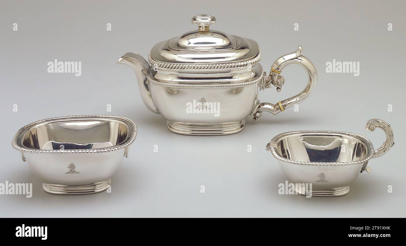 Traveling tea set, c. 1825, 4 x 8 x 5 1/2 in. (10.16 x 20.32 x 13.97 cm) (a, teapot)2 x 5 3/4 x 4 7/8 in. (5.08 x 14.61 x 12.38 cm) (b, teapot lid)5 x 1 x 2 5/8 in. (12.7 x 2.54 x 6.67 cm) (c, teapot handle)2 1/2 x 5 1/2 x 4 5/8 in. (6.35 x 13.97 x 11.75 cm) (d, bowl)2 x 4 13/16 x 4 1/8 in. (5.08 x 12.22 x 10.48 cm) (e, creamer)2 1/2 x 5/8 x 1 9/16 in. (6.35 x 1.59 x 3.97 cm) (f, creamer handle), Sheffield plate (silver fused to copper), ivory, England, 19th century Stock Photo