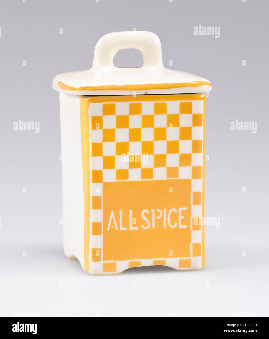 Allspice container, from a 15-piece kitchen container set, 20th century, 4 1/16 x 2 7/16 x 2 3/8 in. (10.32 x 6.19 x 6.03 cm), Glazed porcelain, Czechoslovakia, 20th century Stock Photo