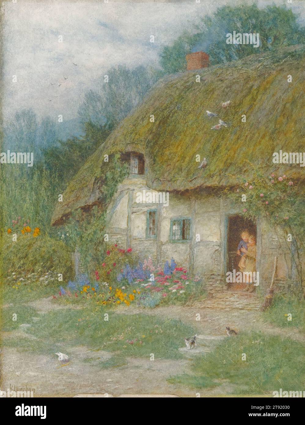 A Wiltshire Cottage, 19th-20th century, Helen Allingham, English, 1848 - 1926, 12 1/2 x 9 5/8 in. (31.75 x 24.45 cm) (sight)20 x 16 11/16 in. (50.8 x 42.39 cm) (outer frame), Watercolor over graphite, England, 19th-20th century, Widowed at age 41 and feeling financial pressure to support her three young children, Helen Allingham stepped up her output of watercolors, most of which featured rural cottages and gardens. Her watercolors were wildly popular yet also polarizing. Their popularity may have arisen from the nostalgic needs of those departing to to far-flung colonies Stock Photo