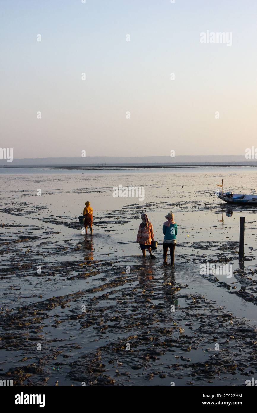 A group of people walking by the beach. these people are fishermen who are resting. Stock Photo