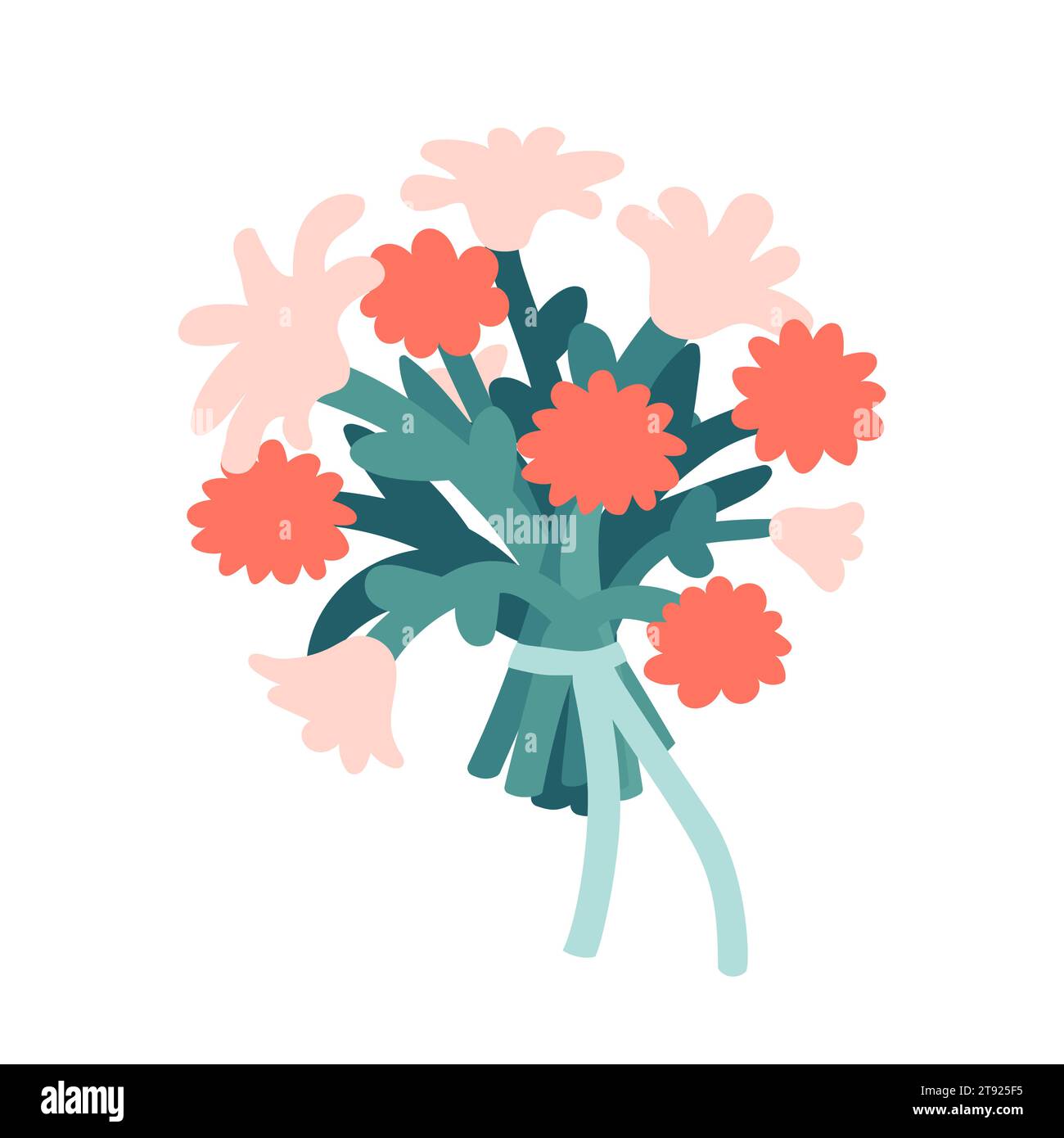 Vector isolated botanical illustration with flower bouquet and ribbon. Flat tulips, chrysanthemums in flover pot created in pastel colors. Greeting ca Stock Vector