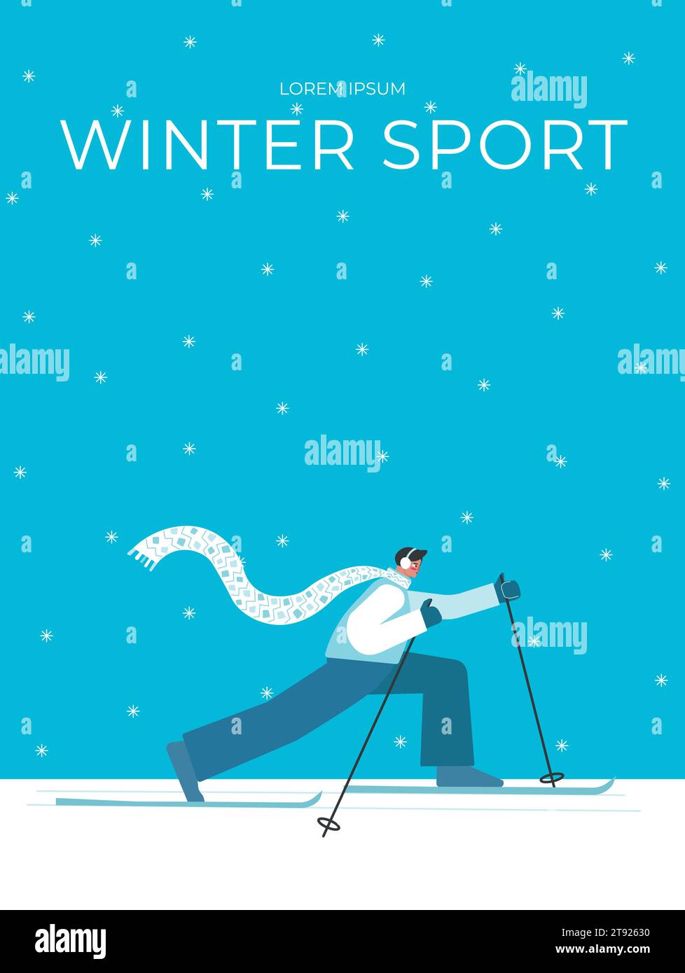 Vector isolated colorful illustration with male character in blue dress with text Winter Sport. Flat cartoon active man is skiing in cross country sty Stock Vector