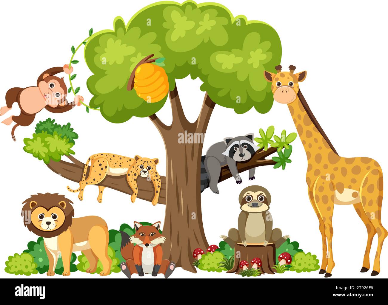 Wild animals living together happily in an isolated forest Stock Vector