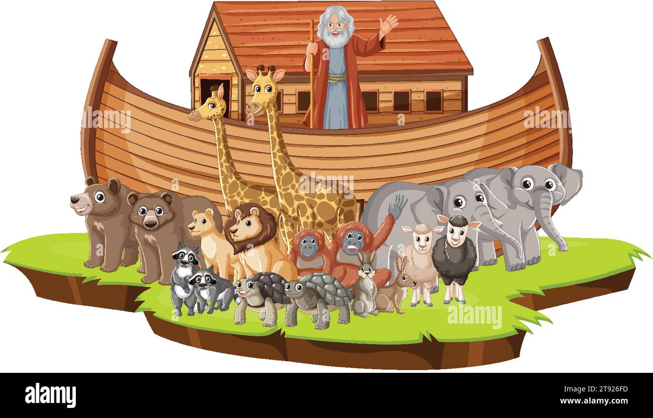 Group of wild animals and Noah from the Bible story standing in front ...