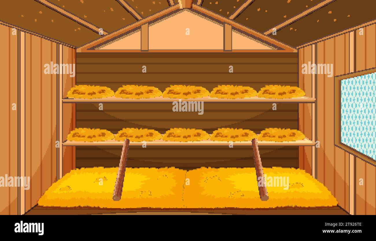 A cartoon illustration of a chicken house filled with hay and straw for