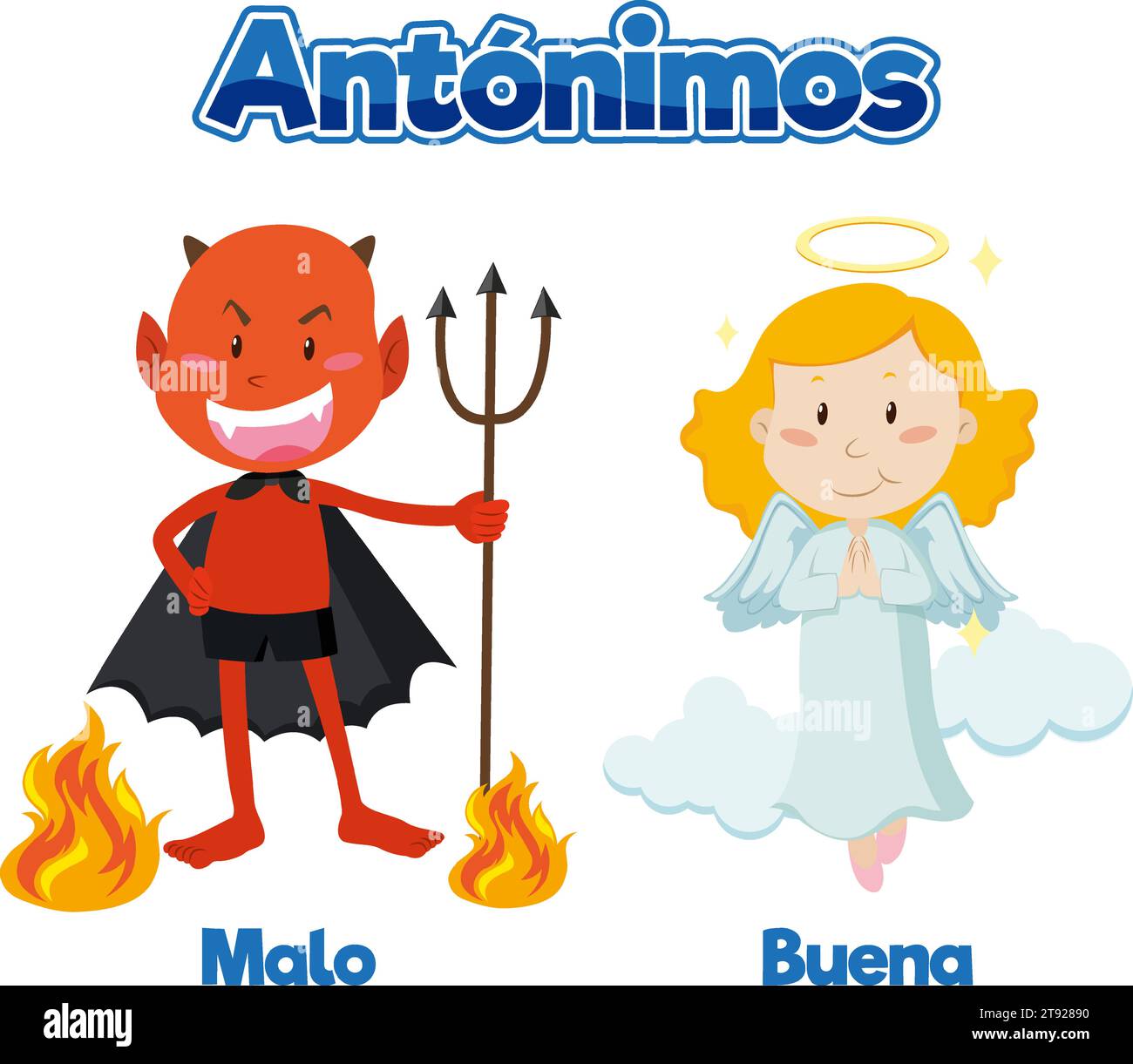 Illustrated word card featuring antonyms in Spanish means bad and good