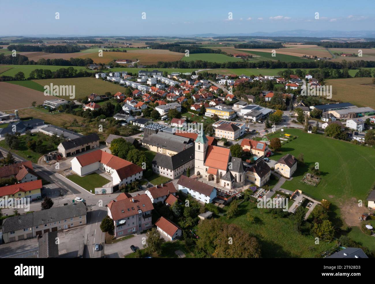 Drone image, view of Hofkirchen im Traunkreis, Traunviertel, Upper Austria, Austria Stock Photo