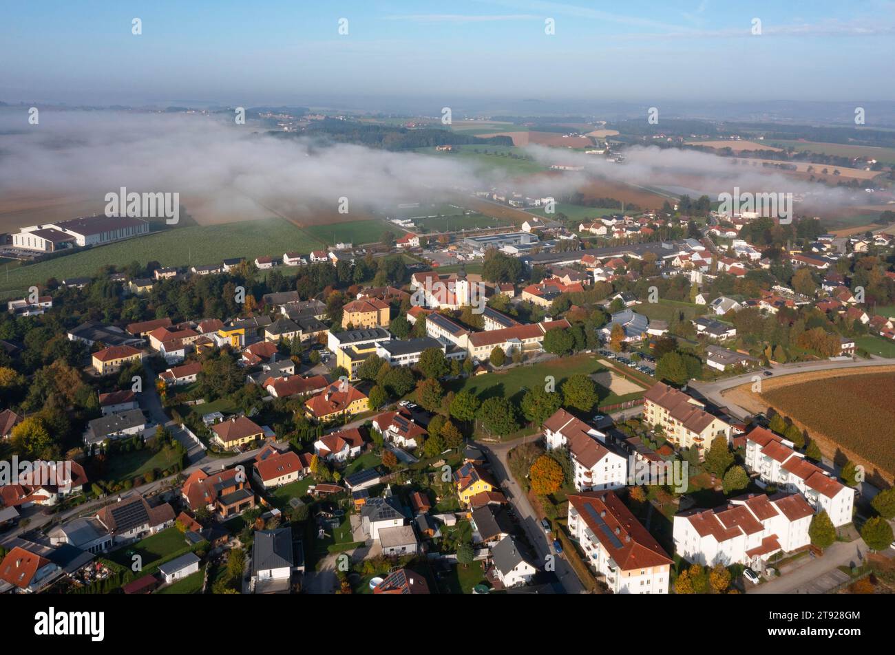 Drone image, view of the village of Prambachkirchen, Hausruckviertel, Upper Austria, Austria Stock Photo