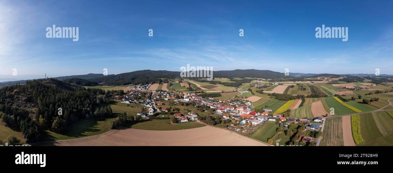 Drone image, view of Muenichreith am Ostrong, agricultural landscape, Waldviertel, Lower Austria, Austria Stock Photo