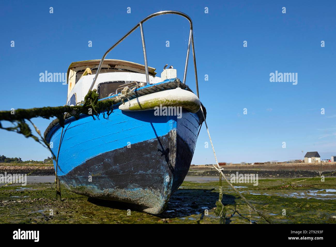 Old boat at low tide in the harbour of Paimpol, Cotes-d'Armor, Brittany, France Stock Photo