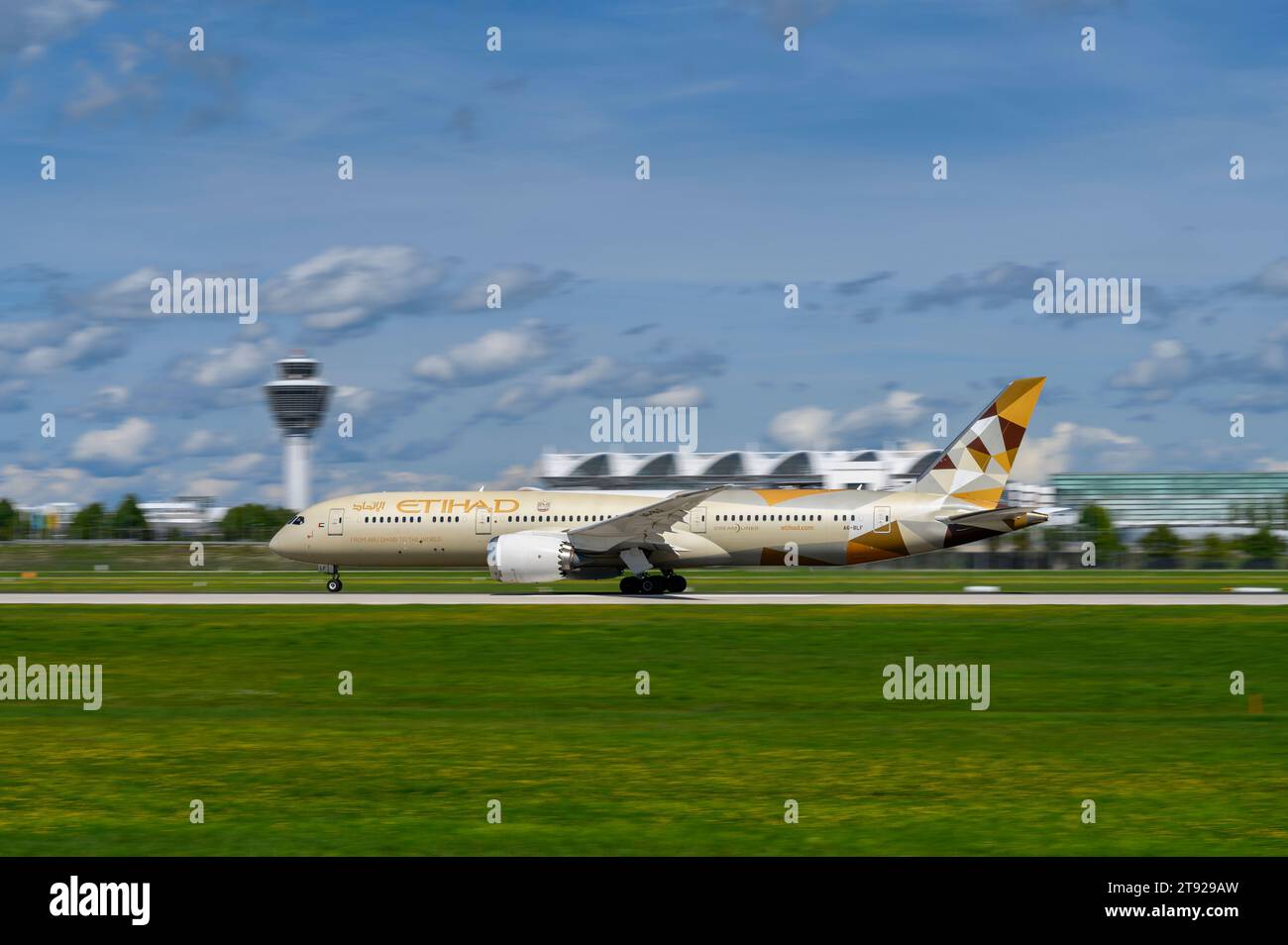 Munich, Germany - September 02. 2023 : Etihad Airways Boeing 787-9 Dreamliner with the aircraft registration A6-BLF is starting on the southern runway Stock Photo