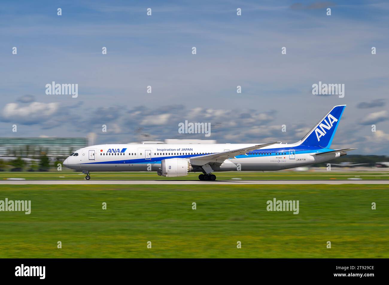 Munich, Germany - September 02. 2023 : All Nippon Airways Boeing 787-9 Dreamliner with the aircraft registration JA877A is starting on the southern ru Stock Photo