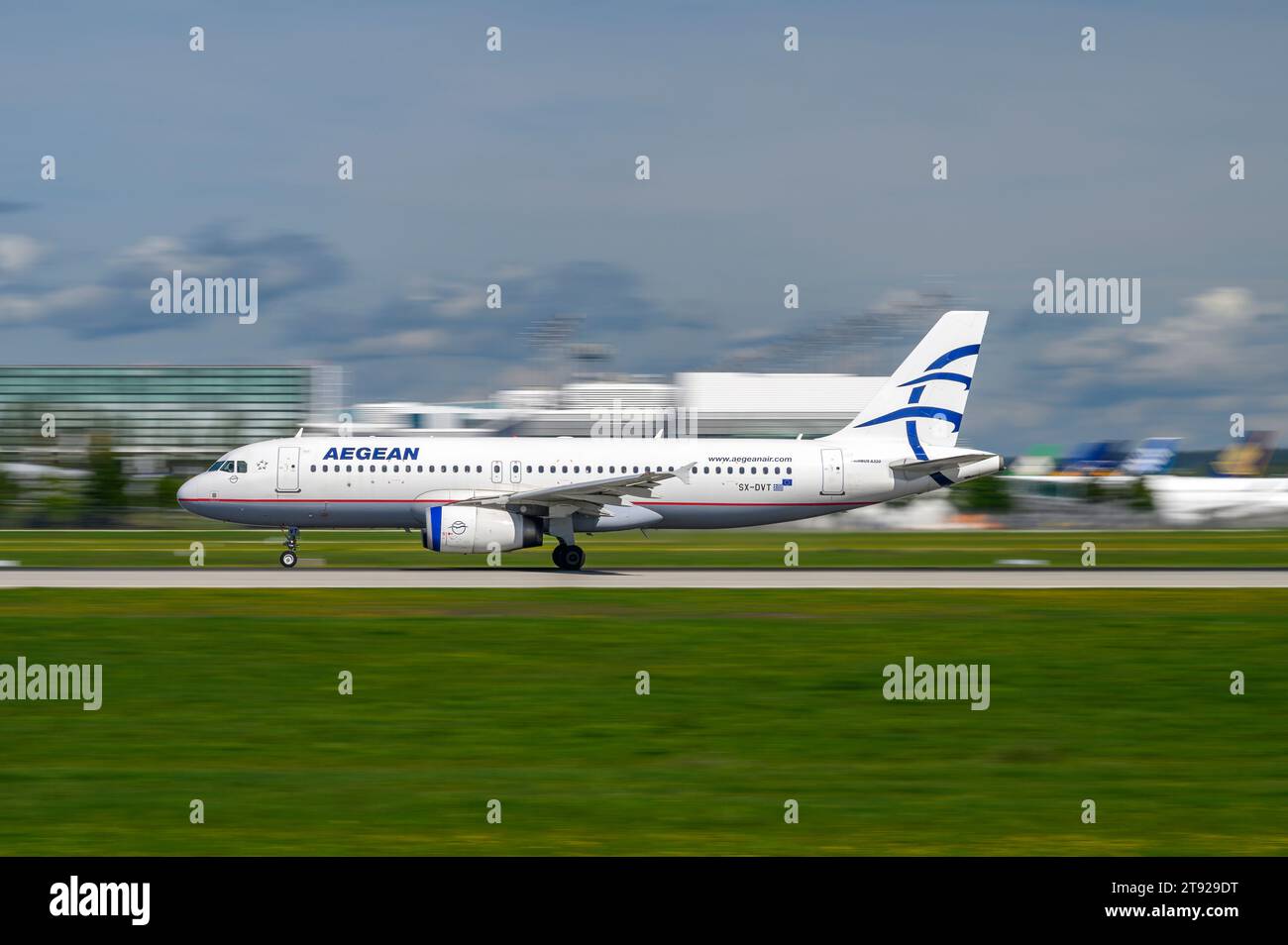 Munich, Germany - September 02. 2023 : Aegean Airlines Airbus A320-232 with the aircraft registration SX-DVT is starting on the southern runway 26L of Stock Photo