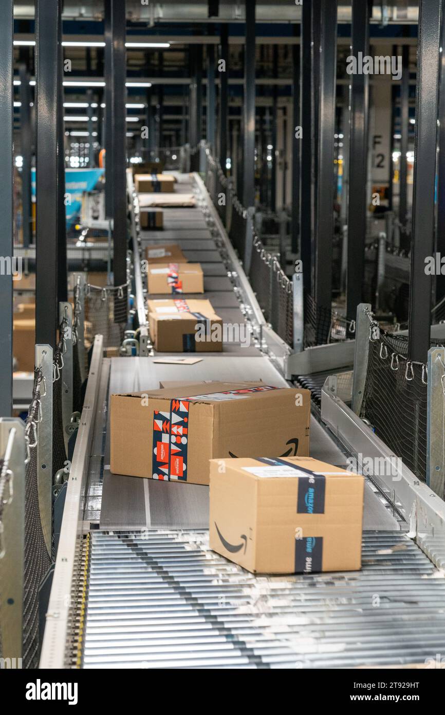 Parcels move on conveyor belts at Amazon's fulfillment centre in