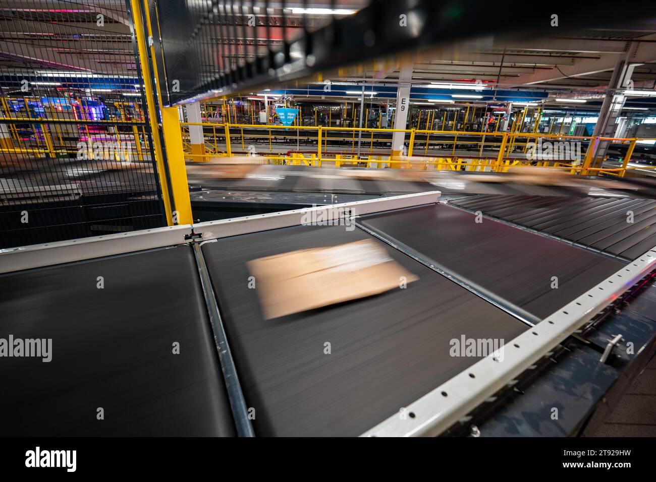 Parcels move on conveyor belts at Amazon's fulfillment centre in