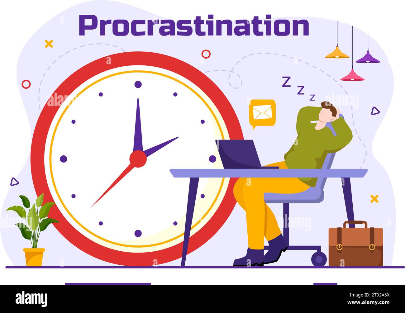 Procrastination Vector Illustration with Procrastinating Lazy Businessman Employees work of office worker in Flat Business Cartoon Background Stock Vector