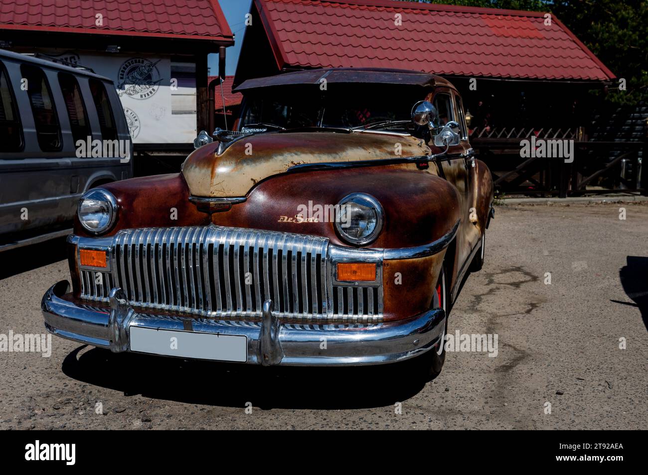 Minsk, Belarus, November 22, 2023 -  front view DeSoto car is a brand of vehicles developed by Chrysler Corporation Stock Photo