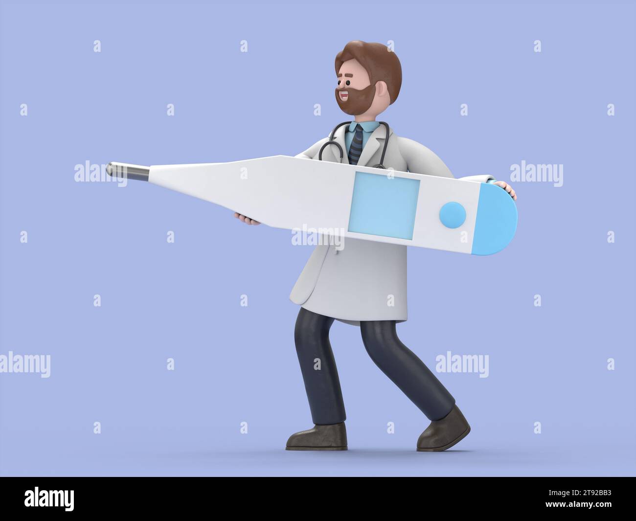 3D illustration of Male Doctor Iverson holds big thermometer,  Blank mockup with copy space.Medical presentation clip art isolated on blue background. Stock Photo