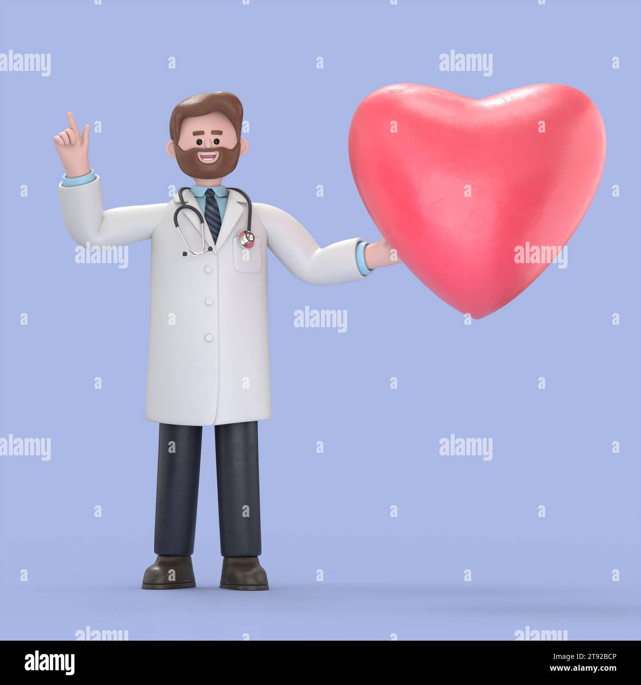 3D illustration of Male Doctor Iverson with heart shape.Medical presentation clip art isolated on blue background. Stock Photo