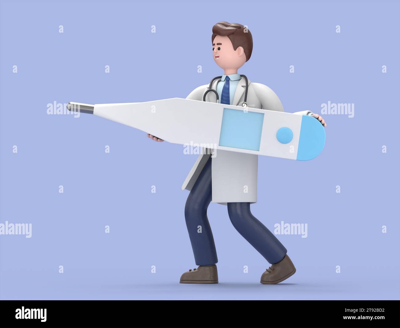 3D illustration of Male Doctor Lincoln holds big thermometer,  Blank mockup with copy space.Medical presentation clip art isolated on blue background. Stock Photo