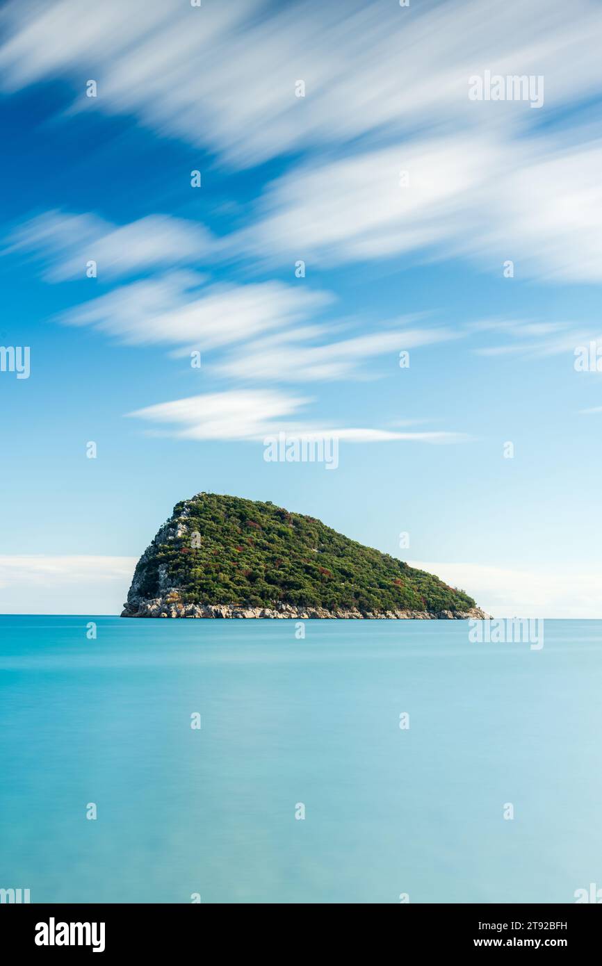 Long exposure photo of Antalya Sican Island with the beach Stock Photo