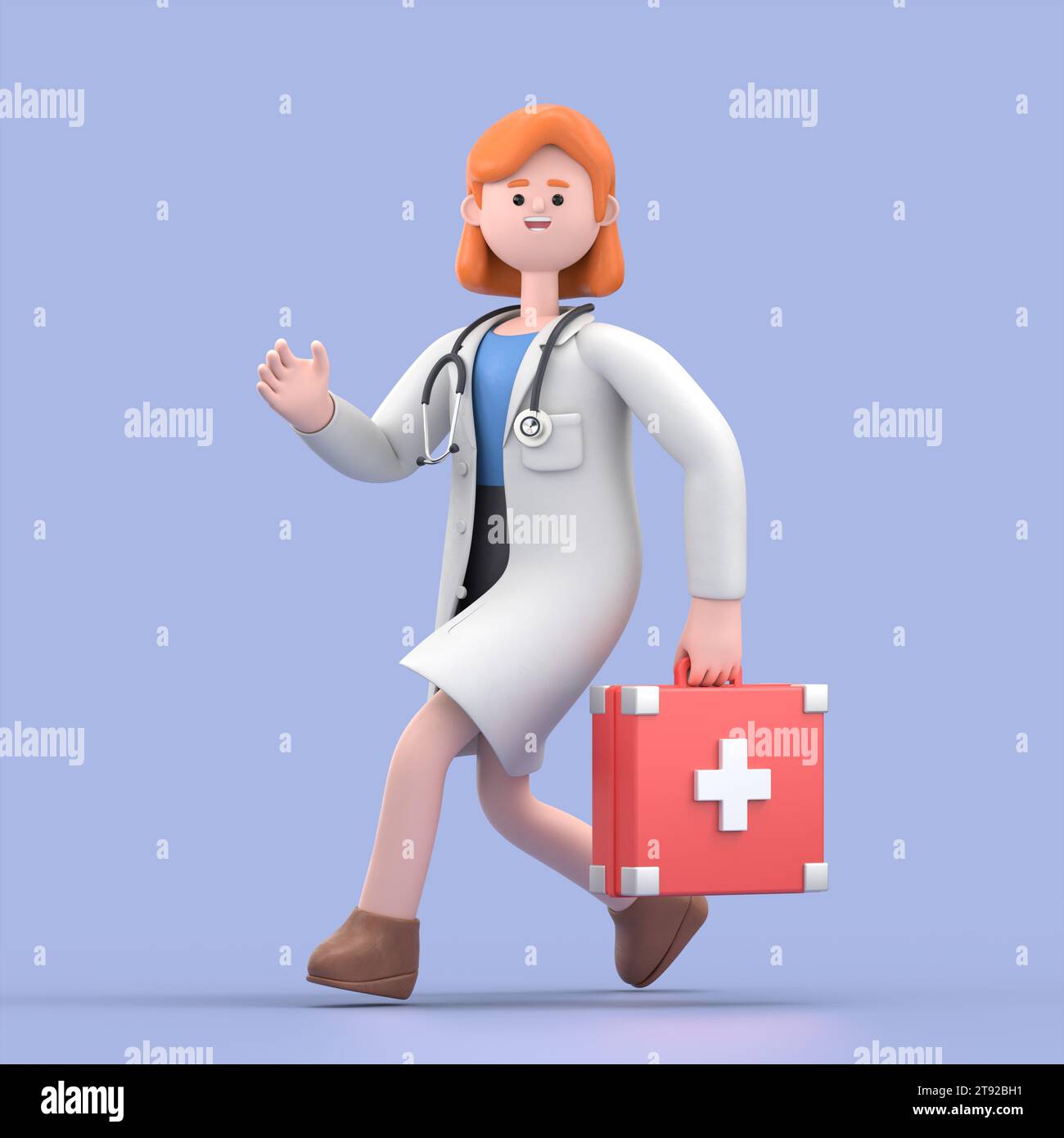 3D illustration of Female Doctor Nova runs.Medical presentation clip art isolated on blue background. Stock Photo
