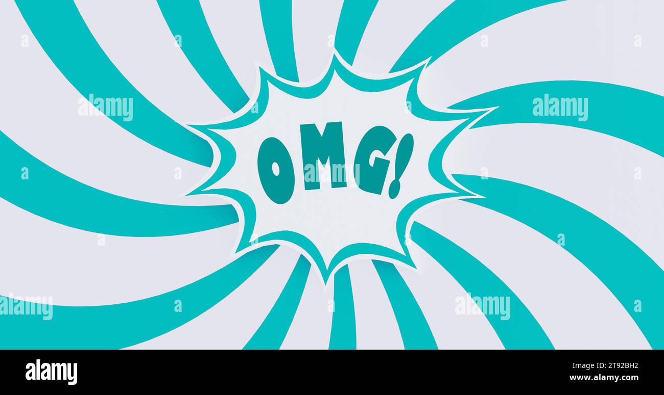 Omg, ouch, oops, wow comic text on blue and white swirling pattern background. Stock Photo