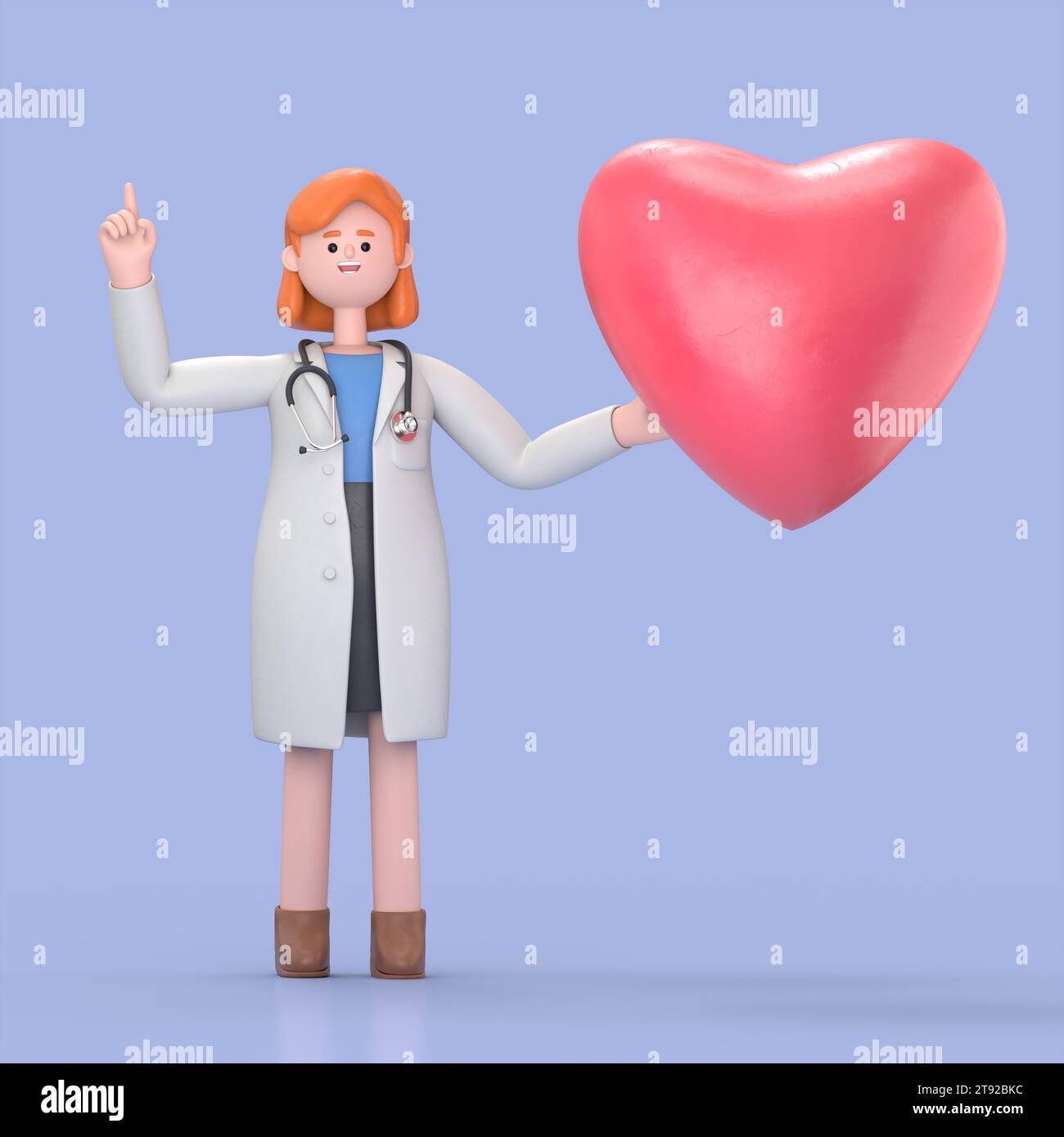 3D illustration of Female Doctor Nova with heart shape.Medical presentation clip art isolated on blue background. Stock Photo