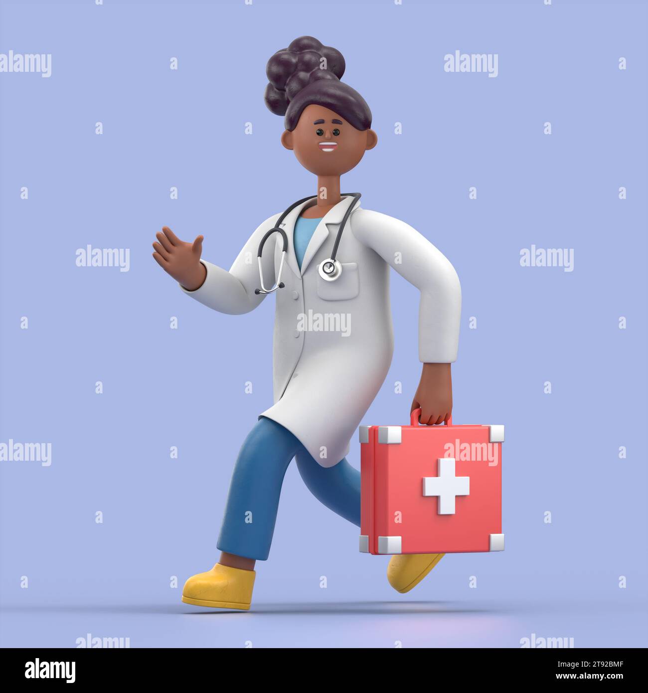 3D illustration of Female Doctor Juliet runs.Medical presentation clip art isolated on blue background. Stock Photo