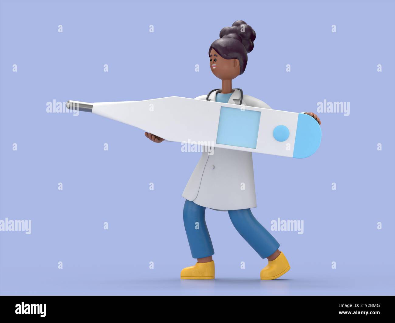3D illustration of Female Doctor Juliet holds big thermometer,  Blank mockup with copy space.Medical presentation clip art isolated on blue background Stock Photo