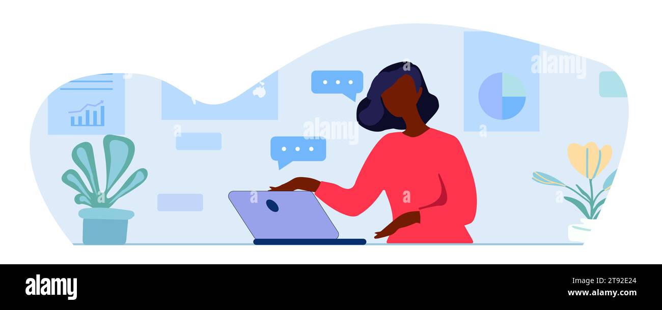 Remote work concept. Young woman working on a laptop in her home office