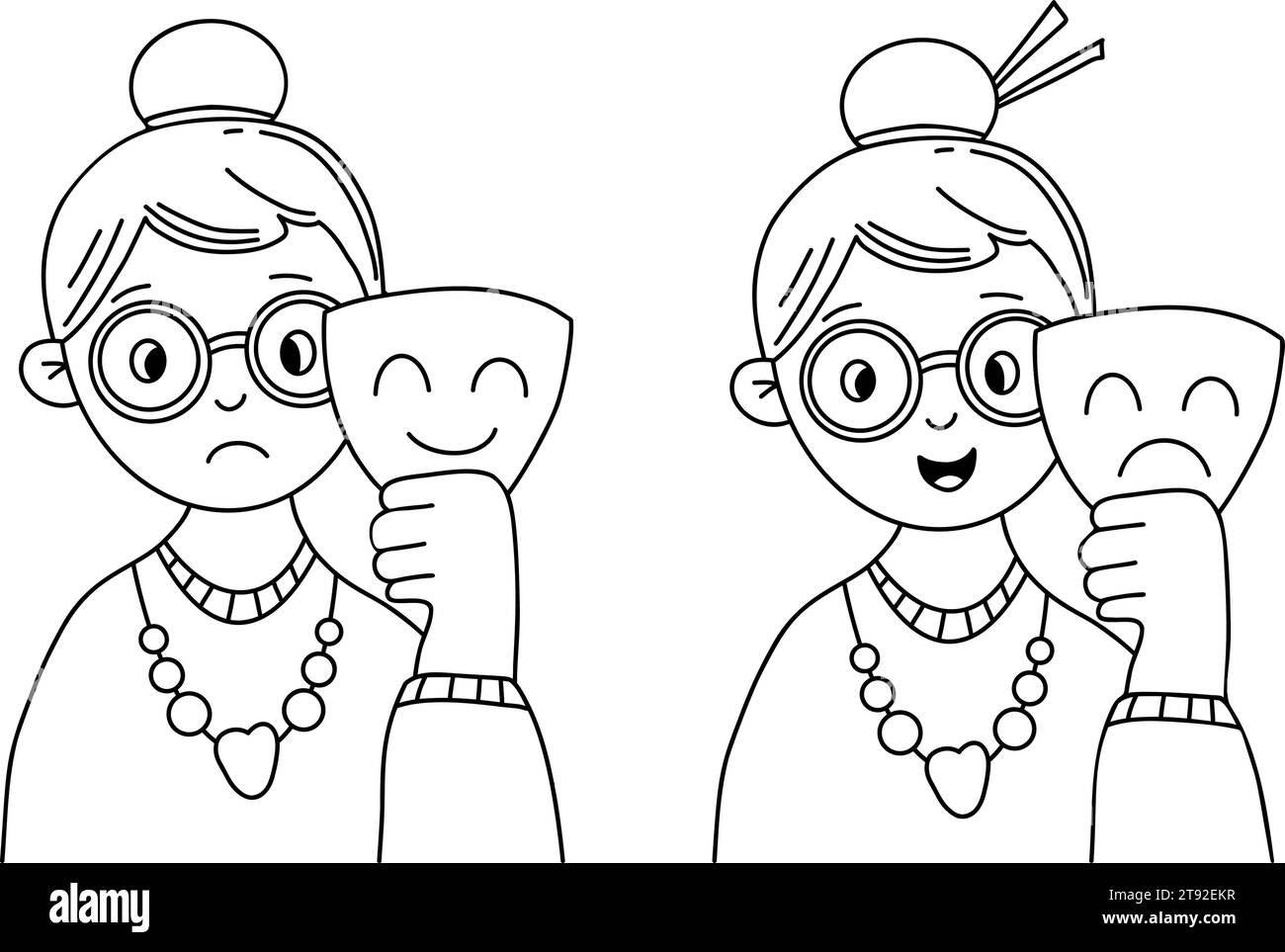 Happy smiling and unhappy sad woman with mask emotion. Covering