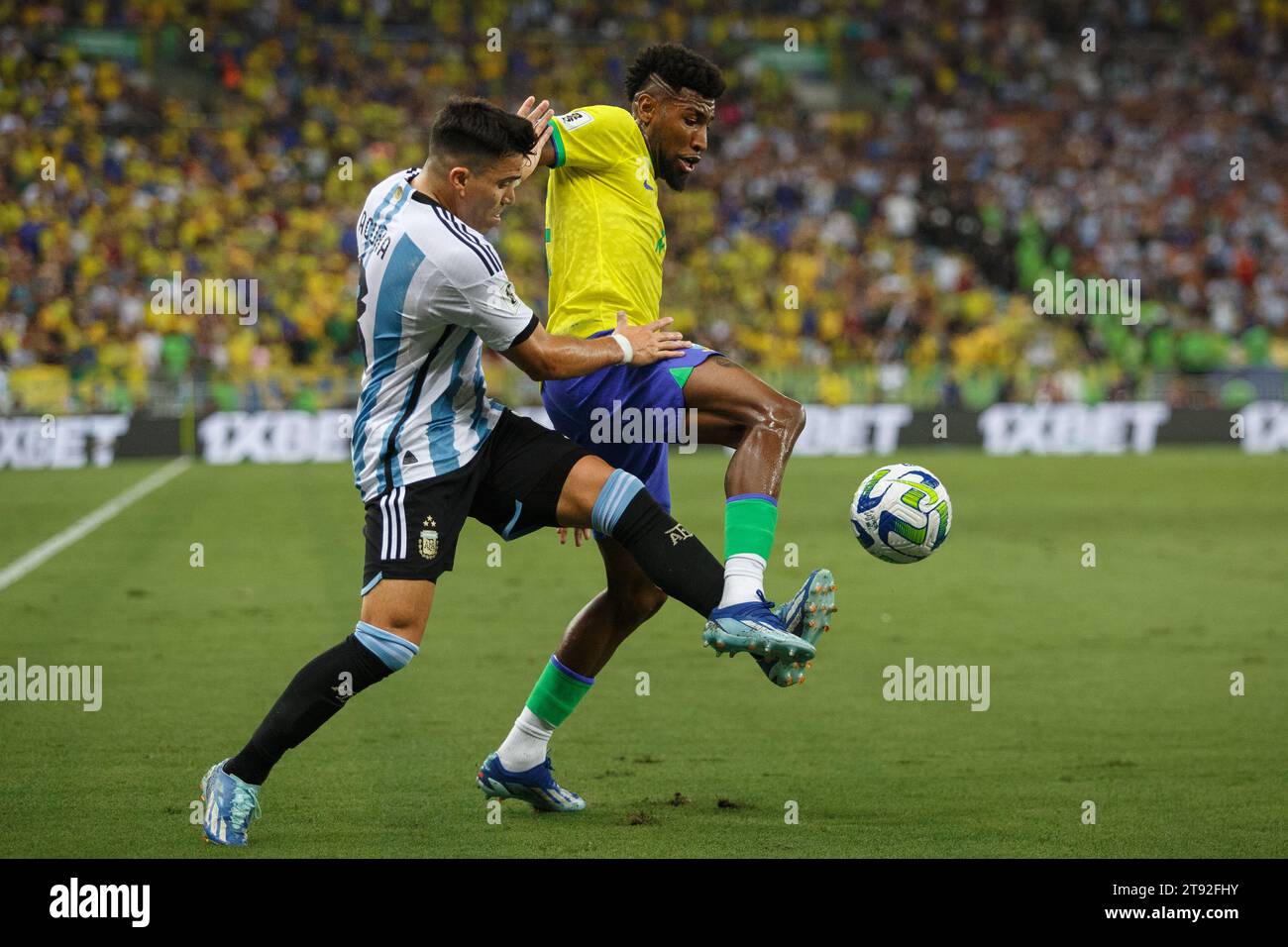 Rio De Janeiro, Brazil. 21st Nov, 2023. Emerson (R) of Brazil vies for the ball against Lautaro Martinez of Argentina during the 2026 World Cup qualifier match between Brazil and Argentina at the Maracana stadium in Rio de Janeiro, Brazil, on Nov. 21, 2023. Credit: Claudia Martini/Xinhua/Alamy Live News Stock Photo