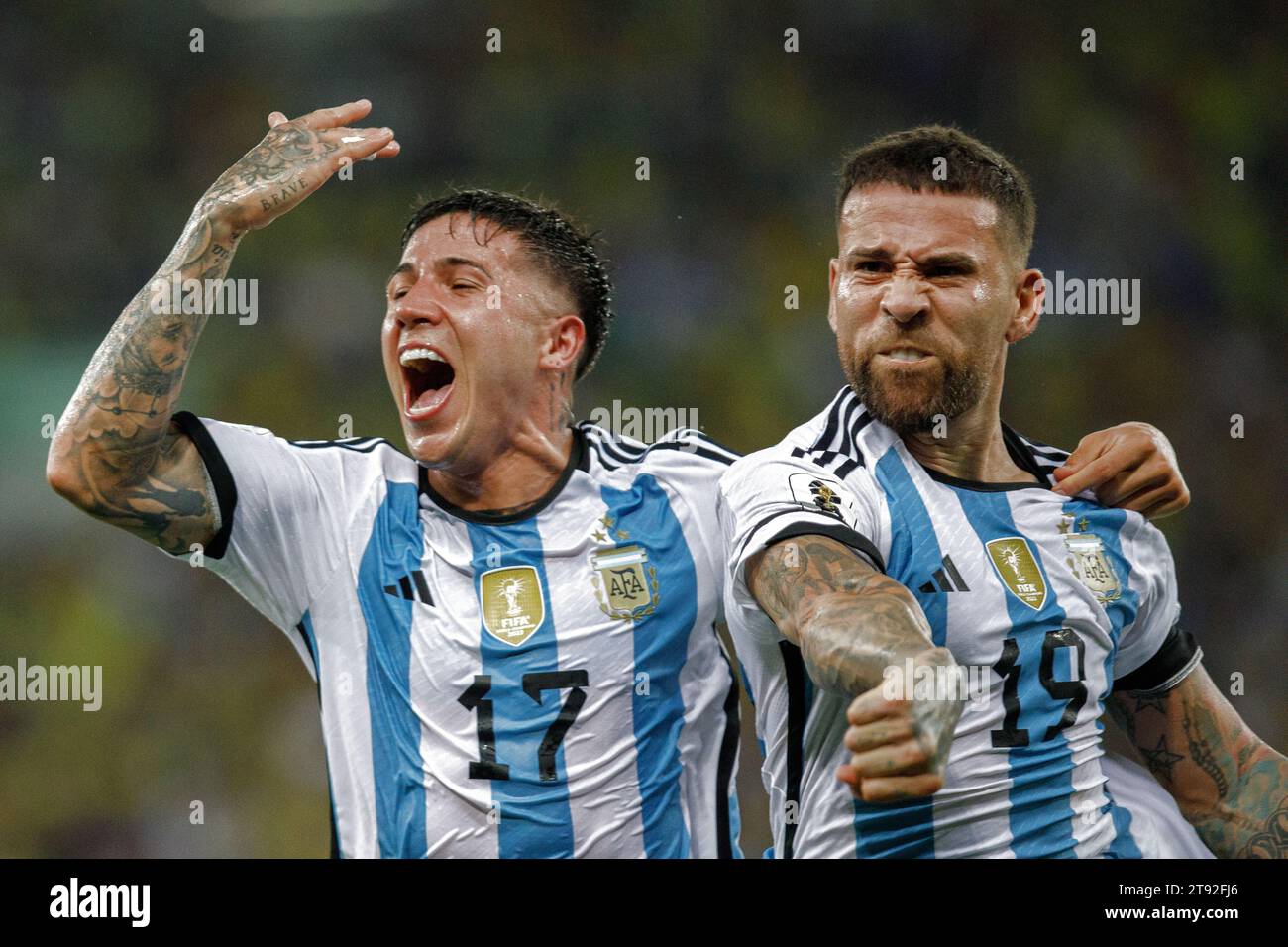 Rio De Janeiro, Brazil. 21st Nov, 2023. Nicolas Otamendi (R) and Enzo Fernandez of Argentina celebrate a goal during the 2026 World Cup qualifier match between Brazil and Argentina at the Maracana stadium in Rio de Janeiro, Brazil, on Nov. 21, 2023. Credit: Claudia Martini/Xinhua/Alamy Live News Stock Photo