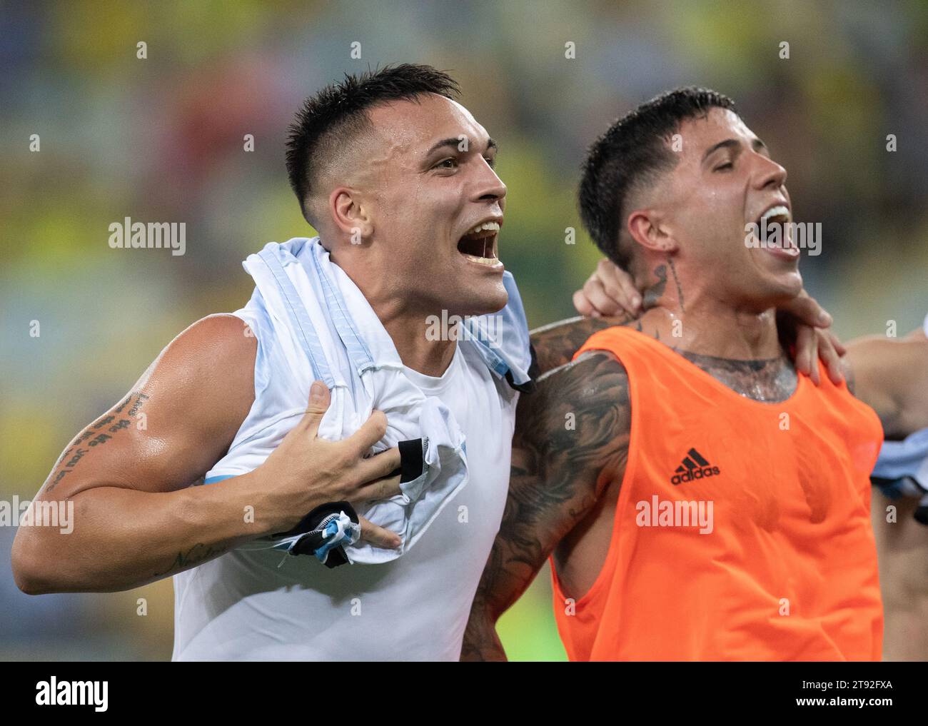 Rio De Janeiro, Brazil. 21st Nov, 2023. Lautaro Martinez (L) and Enzo Fernandez of Argentina celebrate after winning the 2026 World Cup qualifier match between Brazil and Argentina at the Maracana stadium in Rio de Janeiro, Brazil, on Nov. 21, 2023. Credit: Wang Tiancong/Xinhua/Alamy Live News Stock Photo