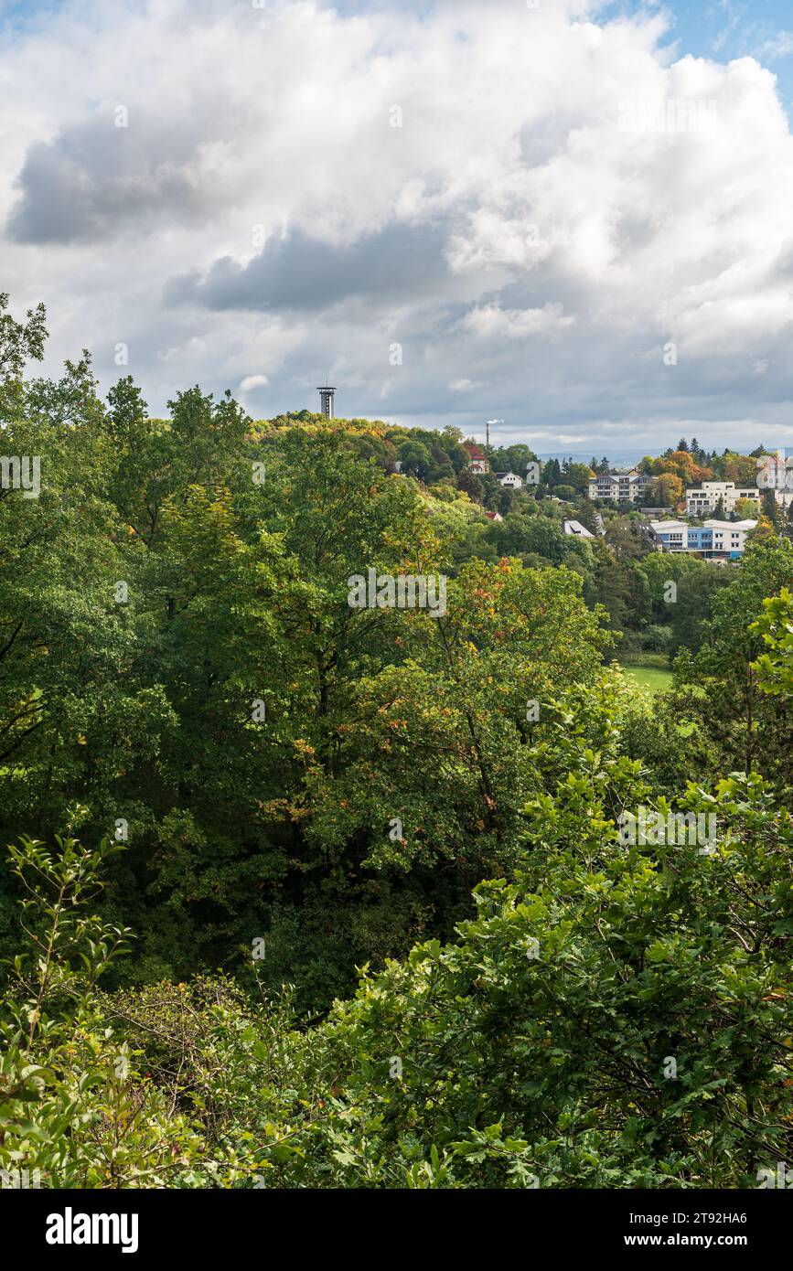 Barenstein hilll with lookout tower in Plauen city in Germany during early autumn Stock Photo
