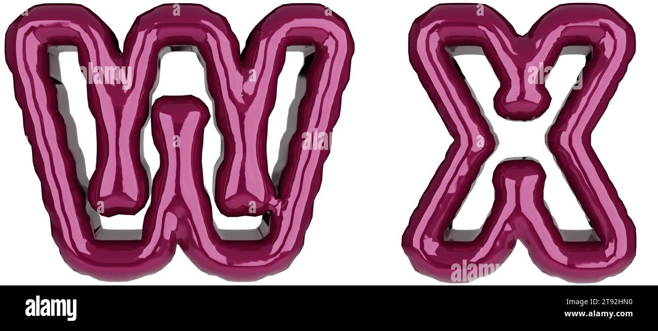 Glossy inflated red color letter W, X uppercase illustration. 3D render of latex bubble burgundy
