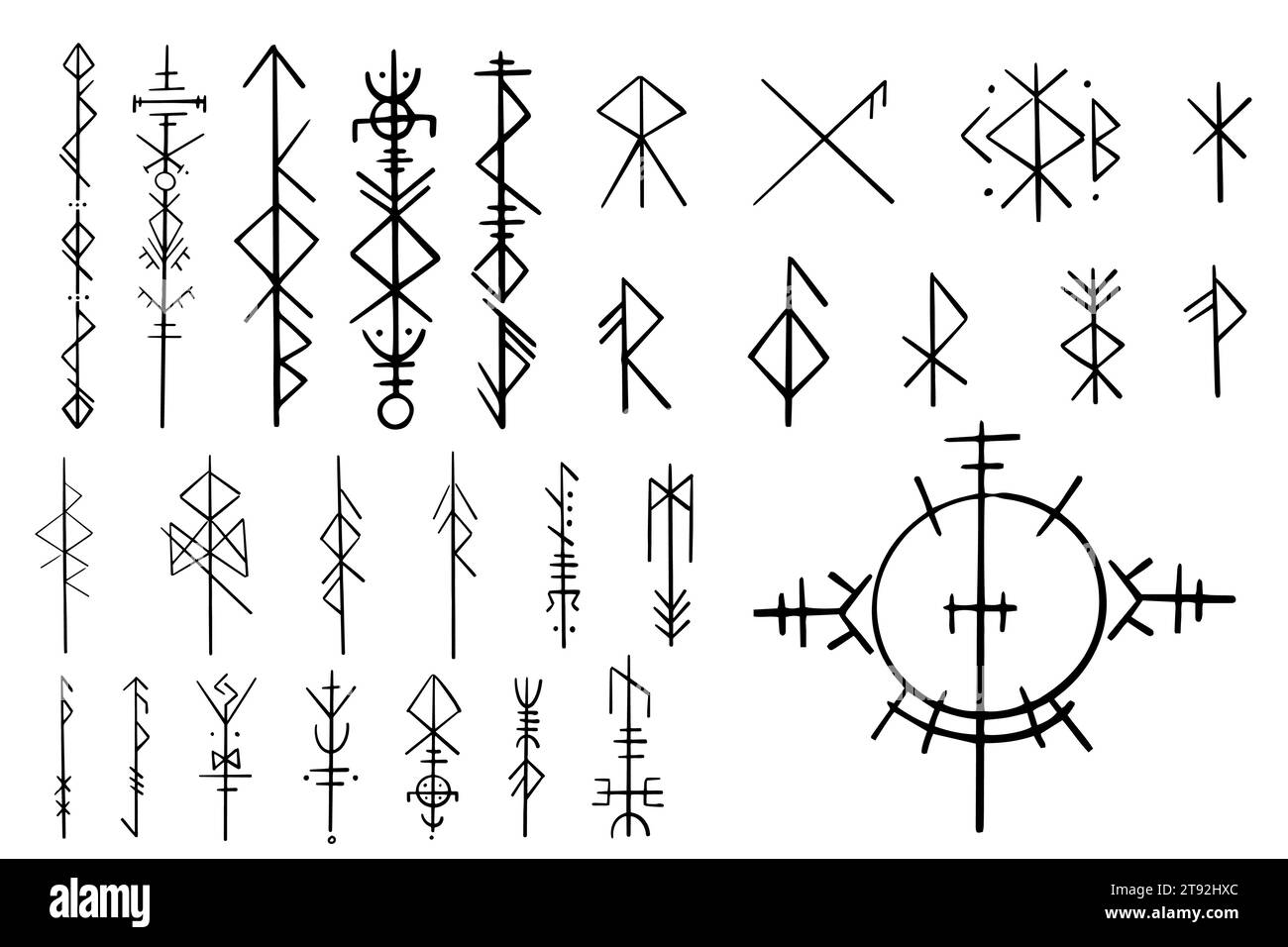 Nordic celtic runes, set norse protection symbols in doodle style, amulet, witchcraft signs on white background. Vector illustration Stock Vector