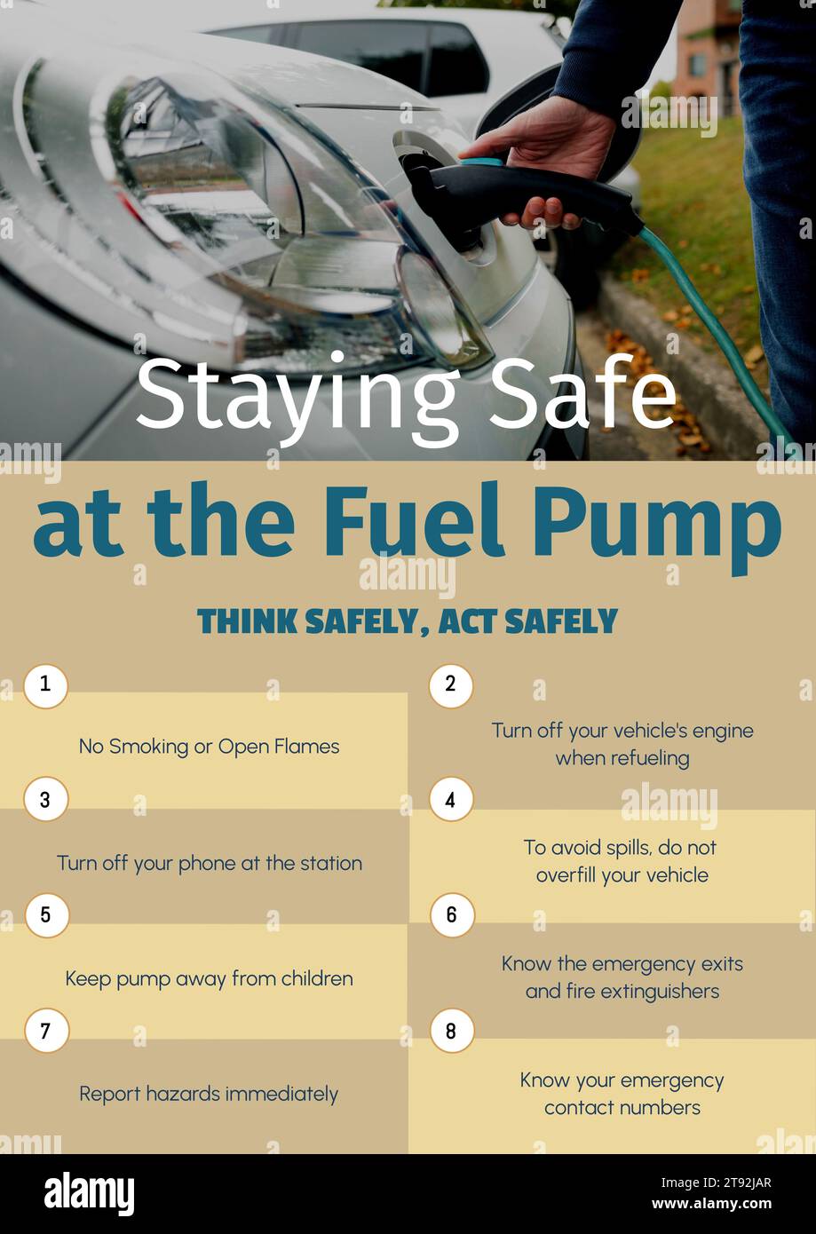 Staying safe at the fuel pump, act safely text with list and caucasian