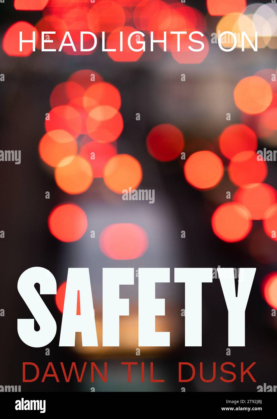Composite of headlights on safety dawn til dusk text over city lights Stock Photo Alamy