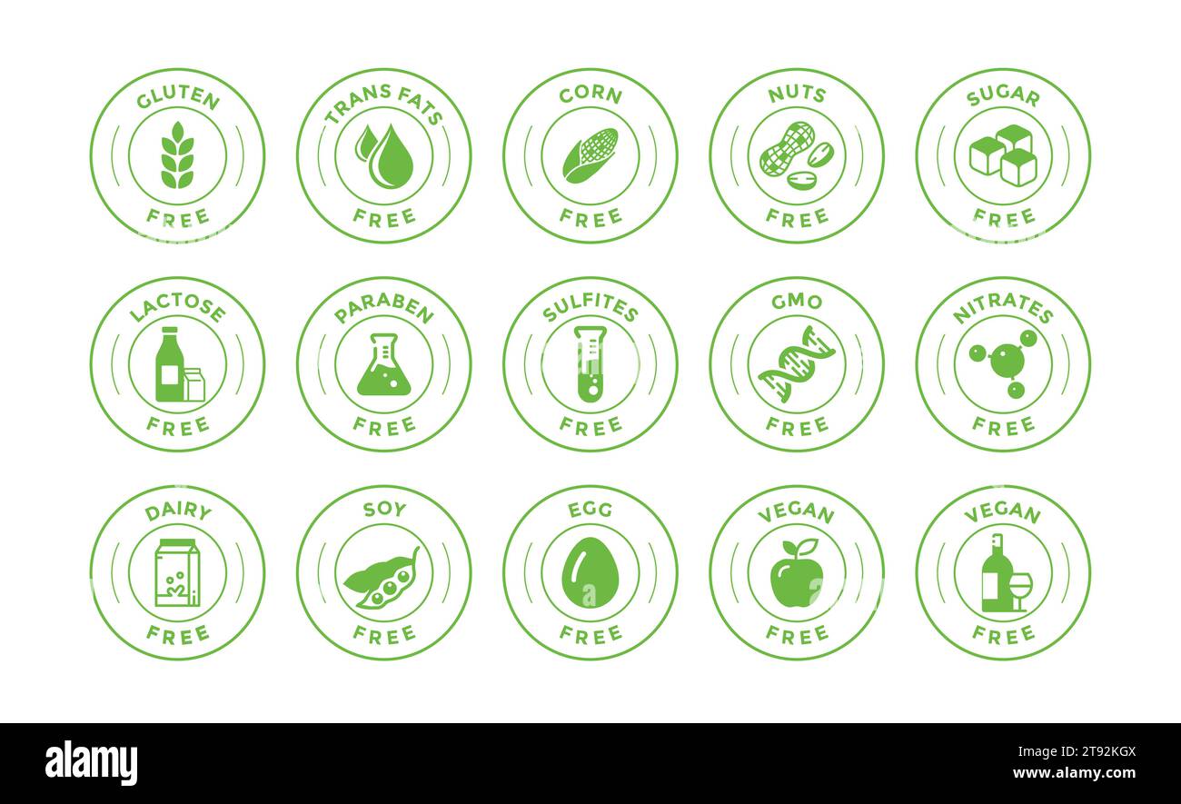 Product free allergen labels. Natural products badges. GMO free emblems. Organic stickers. Healthy eating. Vegan, bio food. Vector illustration. Stock Vector